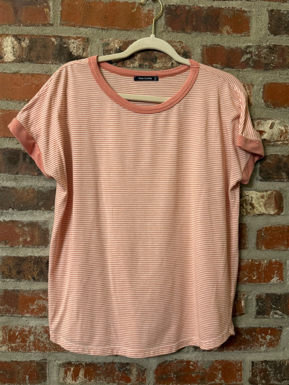 T165 -Pink Clover Peach & White Striped Short Sleeve Tee